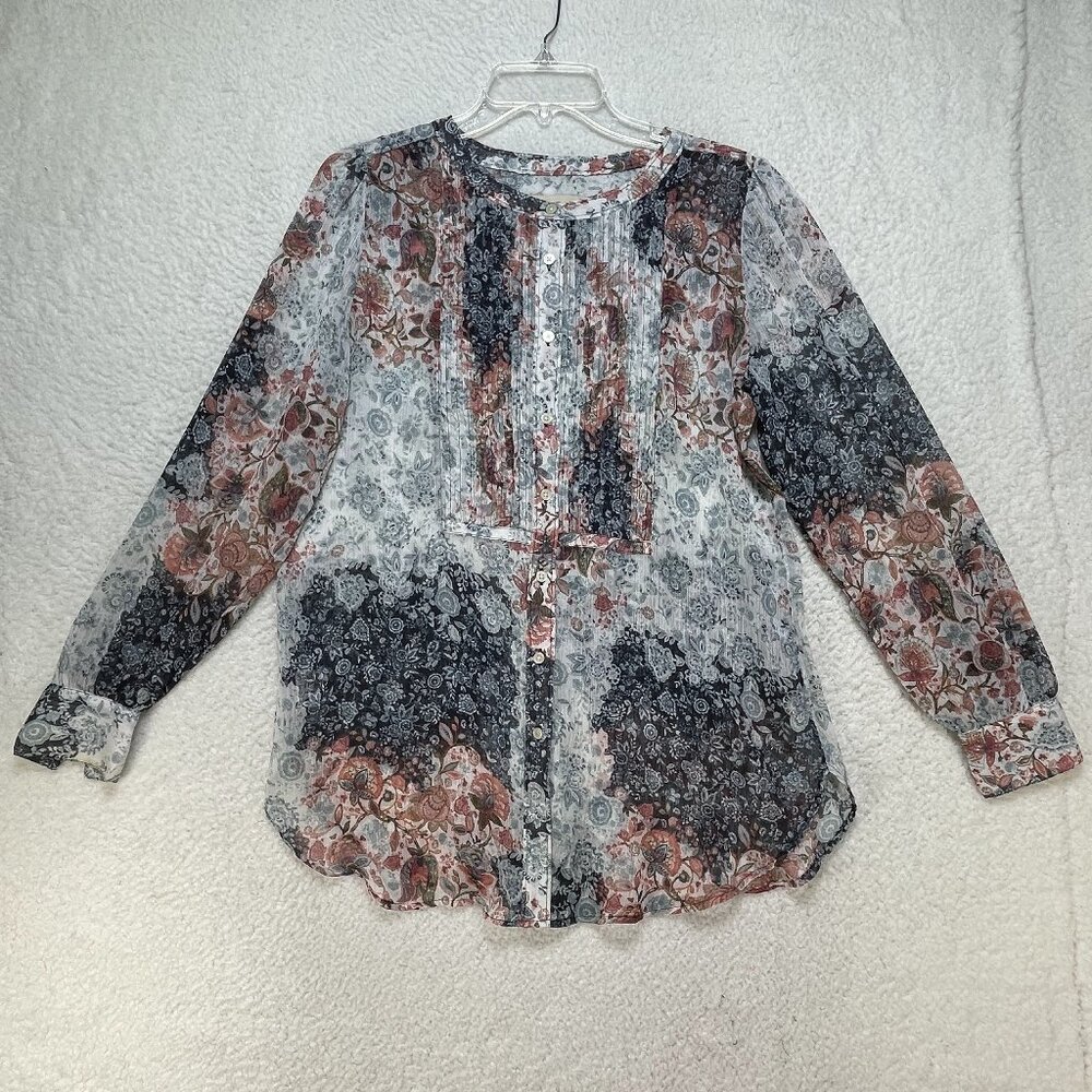 Loft Women's Sz Small Sheer Blue Pink Floral Long Sleeve Top Button-Up Blouse